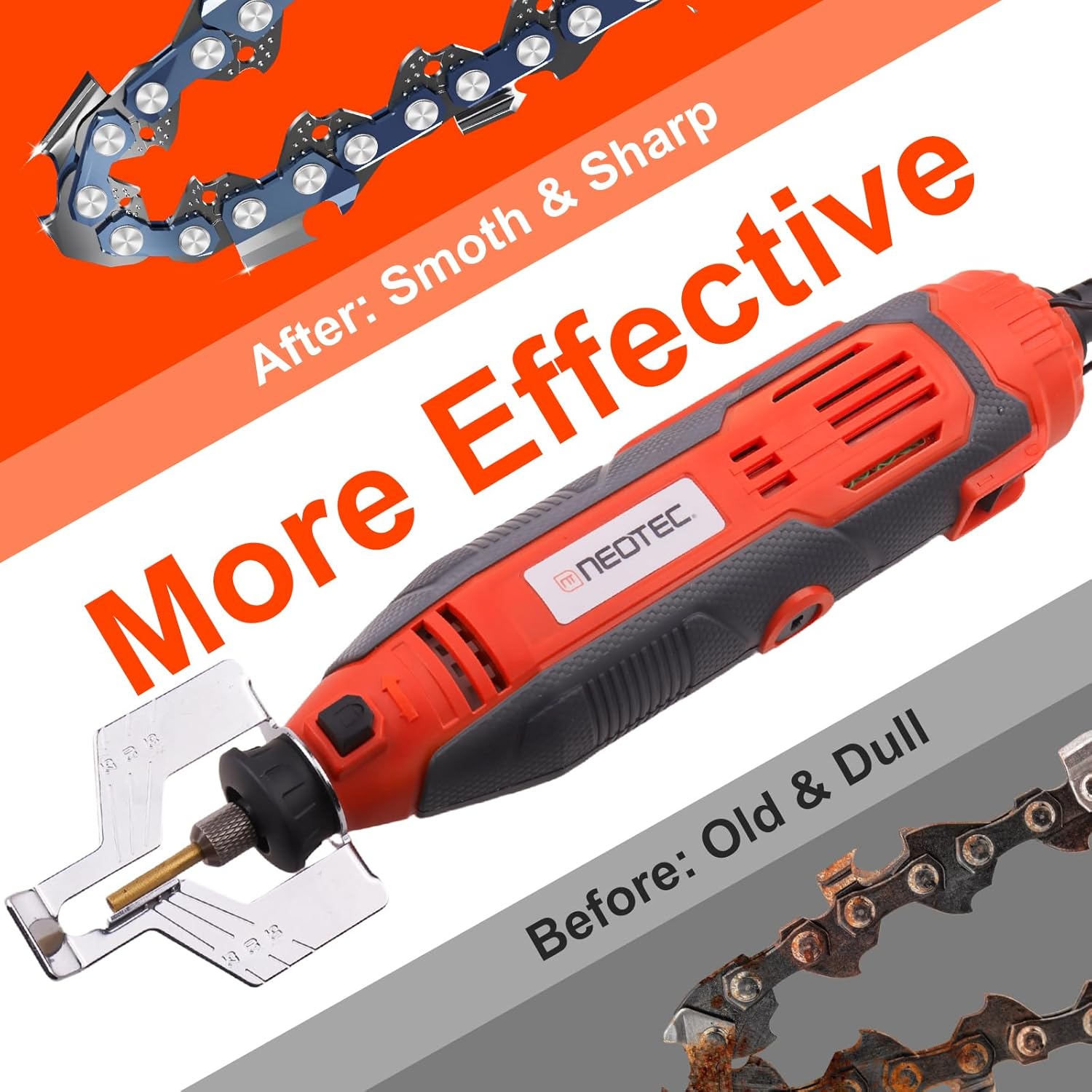 NEO-TEC Electric Chainsaw Sharpener Kit On-Saw Quick Sharpening Tool with Angle Guide 6 Titanium Diamond Bits Restores Dull Chains in Minutes for Forestry Professionals and DIY Yard Work