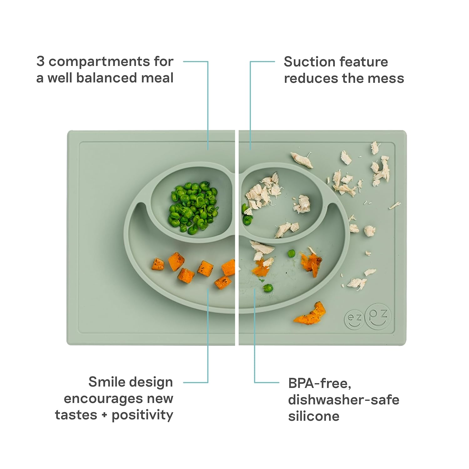 ezpz Happy Mat (Sage) - 24 Months+ - 100% Silicone Suction Placemat + Divided Plate with Three Compartments - Toddler + Preschool Essentials