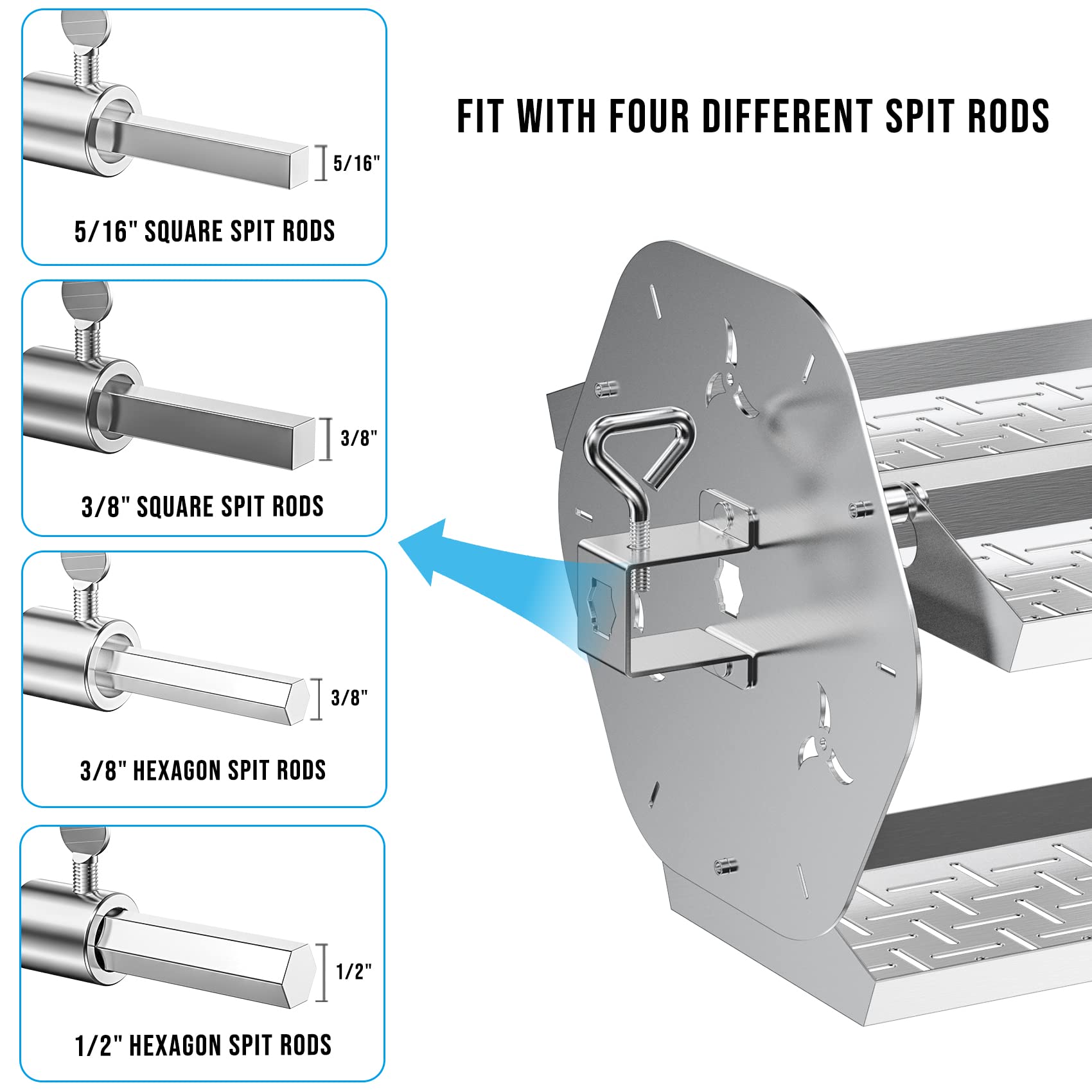 Skyflame Kit girarrosto in acciaio inox 2 in 1, design multifunzione con vassoi per barbecue e spiedini rotanti, adatto per canne da spiedo esagonale da 3/8" e 5/16", 1/2" e 3/8"