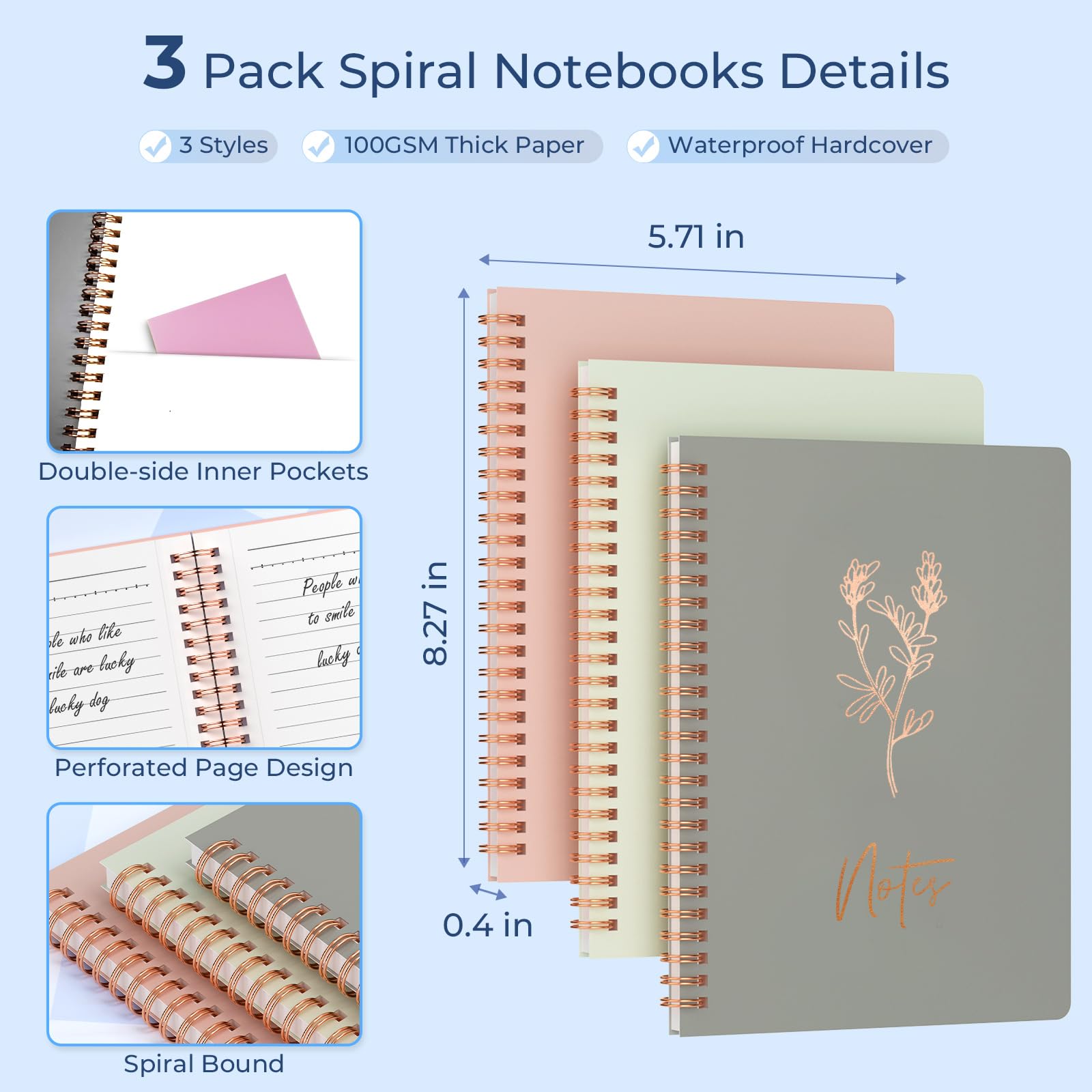Nicpro Set di 50 quaderni a spirale da donna, set di 3 quaderni a spirale A5, penne gel, note adesive e linguette, confezione regalo, matite meccaniche per studio, lavoro, scuola e ufficio