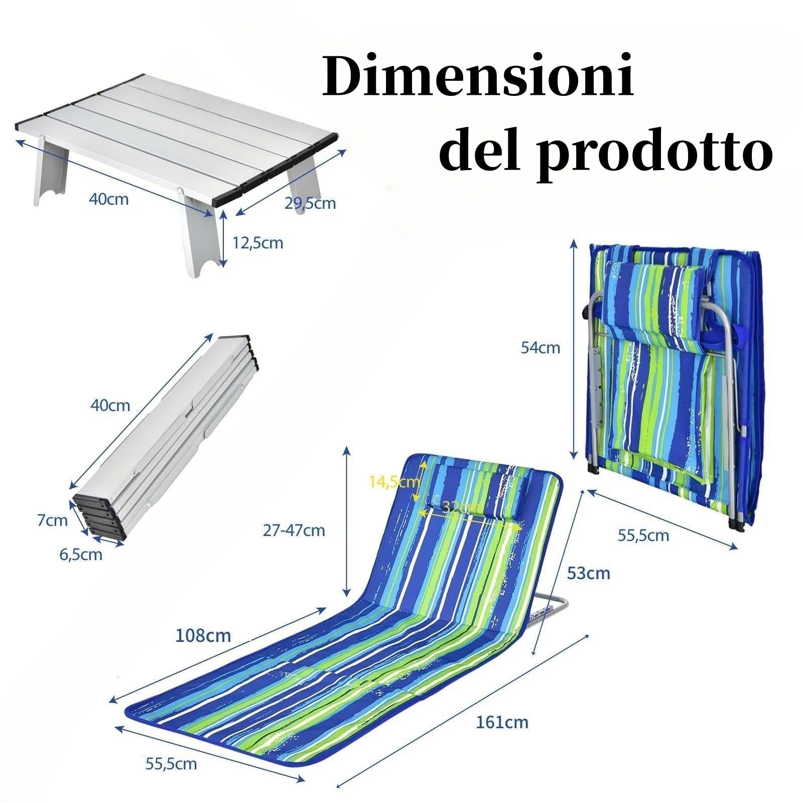 GYMAX Tappetino da Spiaggia Reclinabile, Set di 2 Sedie e Tavolino, Angolo Regolabile, Design Pieghevole Multifunzione, Adatto per Spiaggia, Parchi, Cortili, Campeggio (Blu e verde)