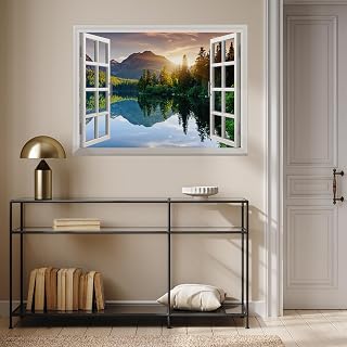 wall26 Wall Sticker Lake and Mountains Open Window Wall Mural, Not Peel and Stick, Non-Woven Wallpaper Decorative for Bedroom, Living Room, Office - 36"x48"
