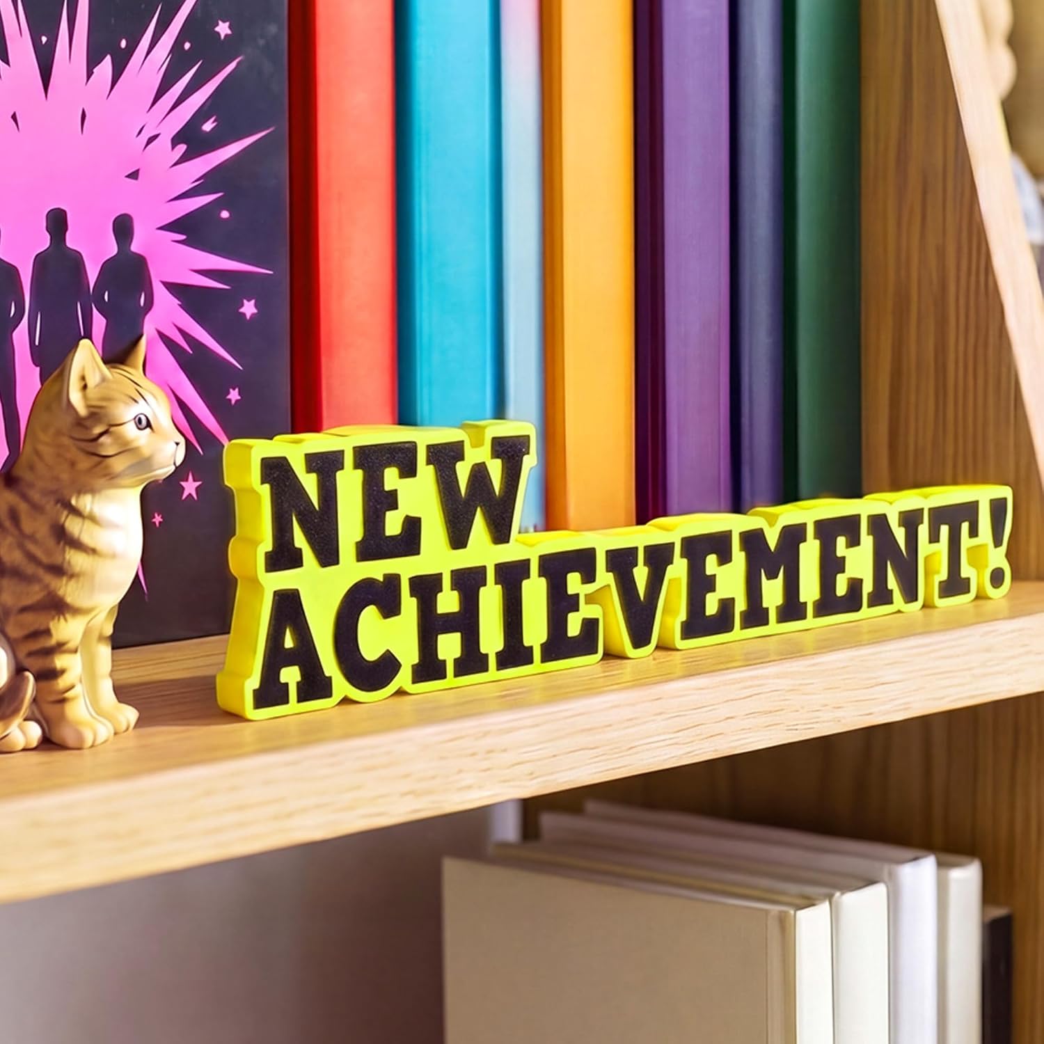Ripeng 11.5 * 3 in New Achievement Bookshelf Decor Yellow Wooden Desk Decor Sign New Achievement Desk Book Decoration Funny Gaming Lover Gifts Book Lover Gifts for Home Library Decoration