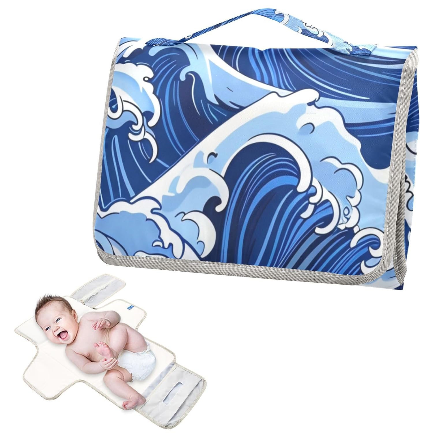 Japanese-Style Blue Wave -e Reusable Changing pad with Tissue Pocket Baby Portable Changing pad for Newborns Girl & Boy cambiadores de pa?ales para Bebes