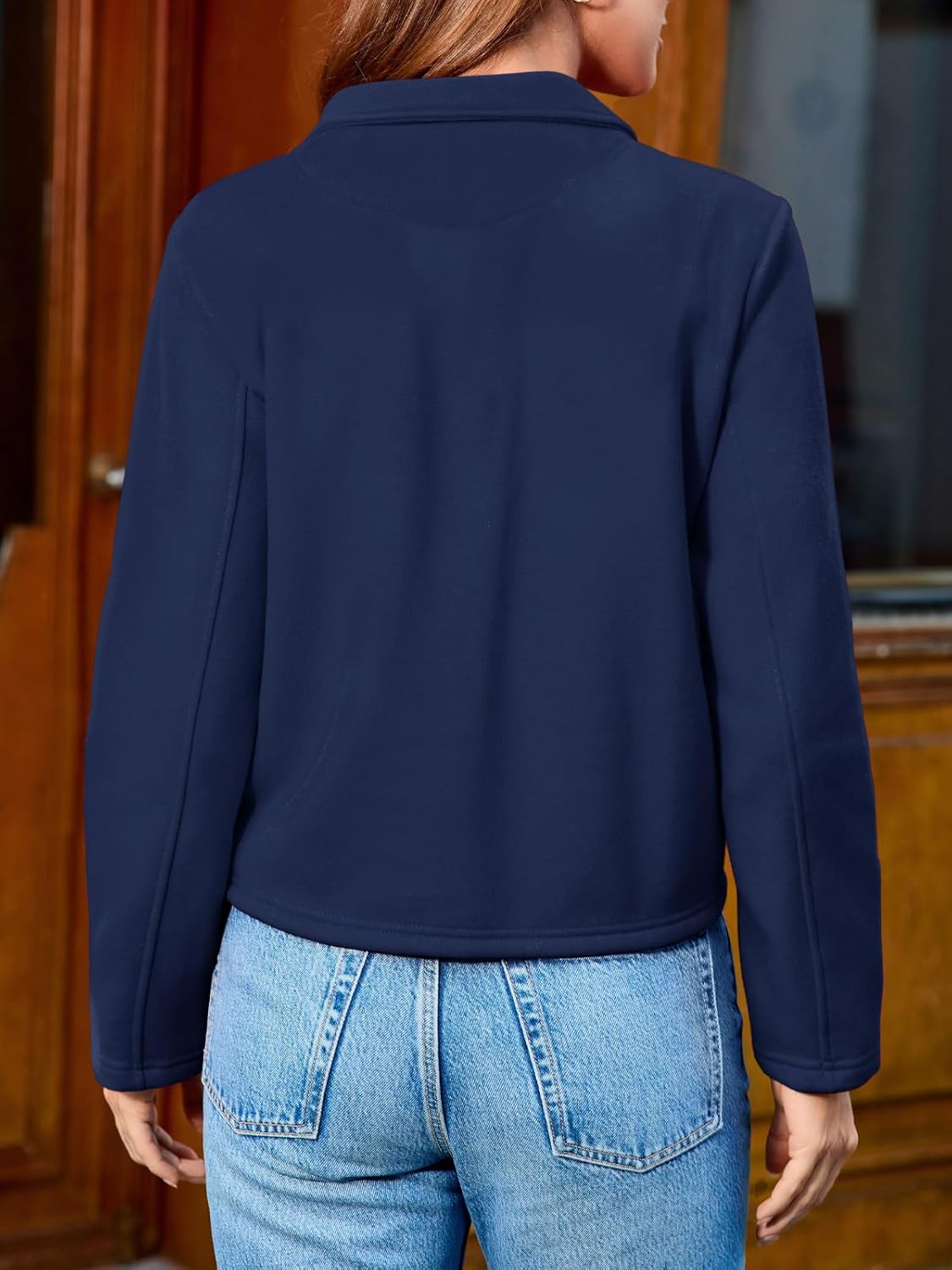 Fisoew Womens Cropped Blazers Business Casual Loose Fit Suits Double Breasted Open Front Cotton Blazer Jacket Navy