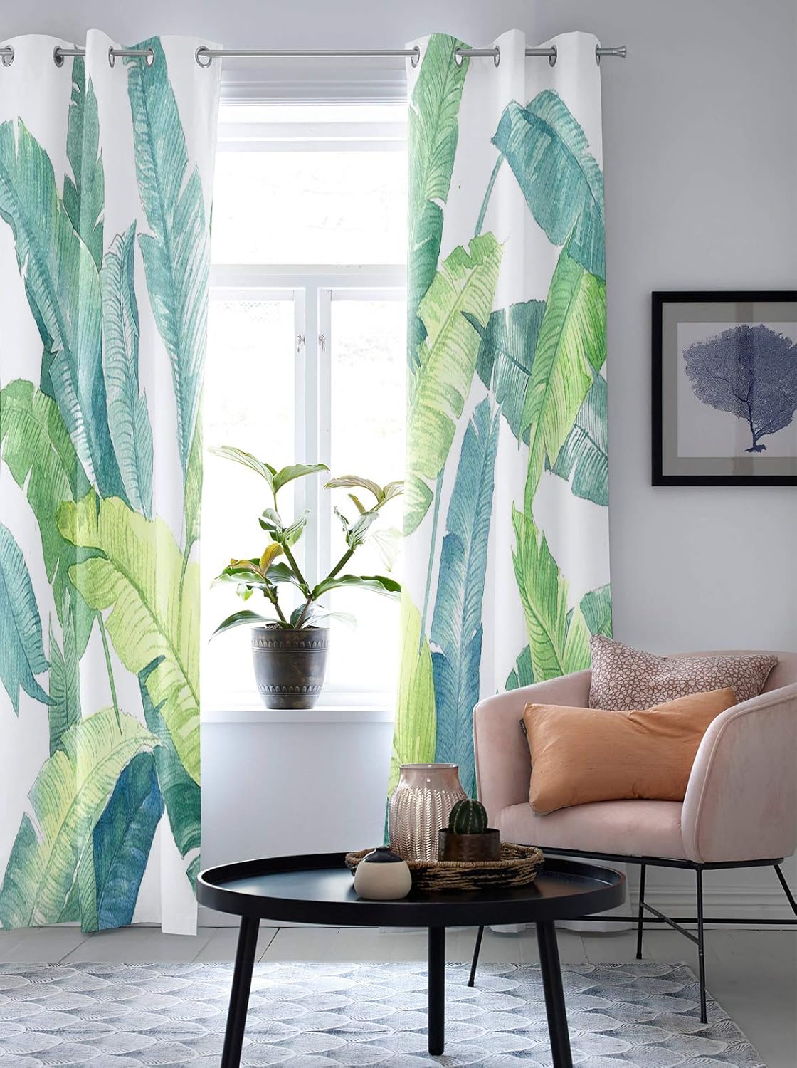 USOPHIA Semi Sheer Window Curtains Watercolor Tropical Plant Banana Leaf Print Drapes Grommet Top Window Voile Panels for Bedroom Living Room (52X96 Inch)