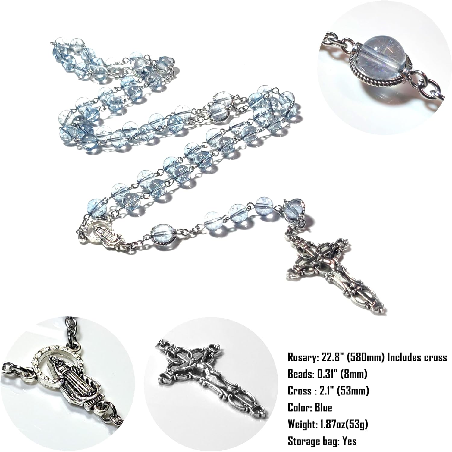 Rosary Beads Chaplet Artificial Crystal Glass Aquamarine Rosery Cross Catholic gifts - Image 4