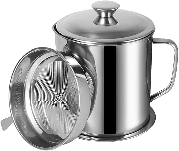 Tellshun Bacon Grease Container with Strainer 1.8 L / 60 oz Kitchen Catcher Food-grade Stainless Steel Cooking Oil Keeper with Lid and Easy-Grip Handle Suitable for Storing Frying Oil