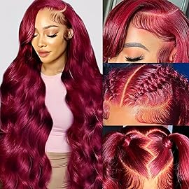 QZOQZO 32 Inch 99J Burgundy Lace Front Wigs Human Hair 13x6 HD Transparent Body Wave Lace Front Wig Pre Plucked 180% Density 99J Burgundy Red Wine Glueless Reddish Brown Human Hair Wigs for Women