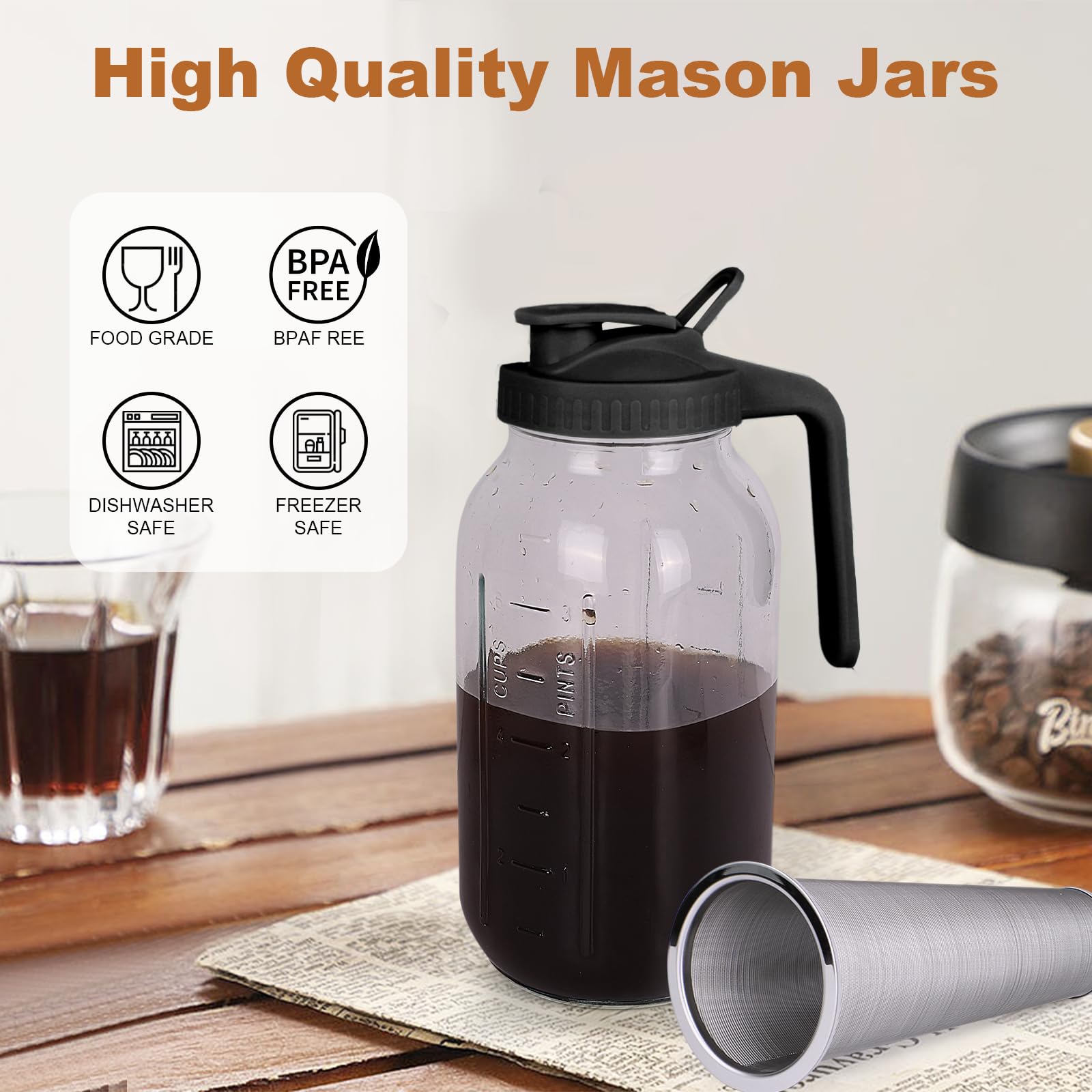 Cold Brew Coffee Maker,64 oz Mason Jar Pitcher with Stainless Steel Filter, Pour Spout Handle Lid, Heavy Duty Glass Airtight & Leak-Proof Pitcher for iced coffee Tea Lemonade - Image 3
