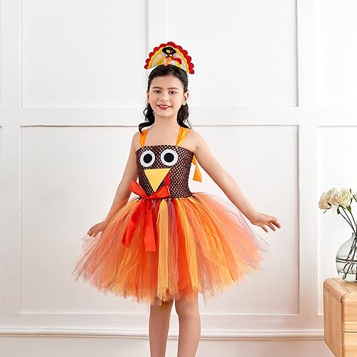 Miniatura 3 de TRURENDI Disfraz de Acción de Gracias para niña, vestido de pavo sin mangas con lazo y diadema, juego de disfraces de pavo de Acción