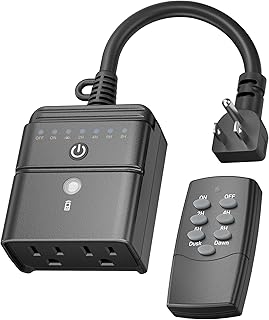 BN-LINK Outdoor Light Timer, Waterproof Plug-in Dusk-to-Dawn Controller with 2 Grounded Outlets for Christmas & Halloween String Lights, 15A 1/2HP, ETL Listed, 100 ft RF Range, Remote Included