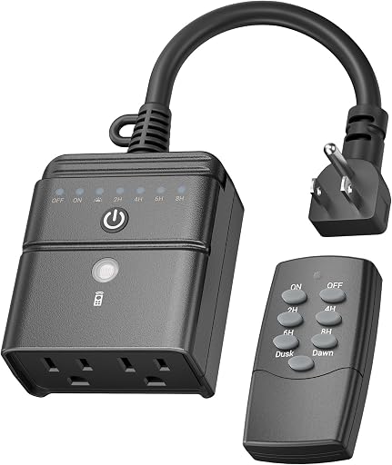 BN-LINK Outdoor Timer for Lights, 100FT Remote Control | 2 Outlets, Weatherproof Outdoor Use; Dusk-To-Dawn+2/4/6/8H Countdown; For String Lights, Pump, 125V 15A 1/2HP，ETL Listed