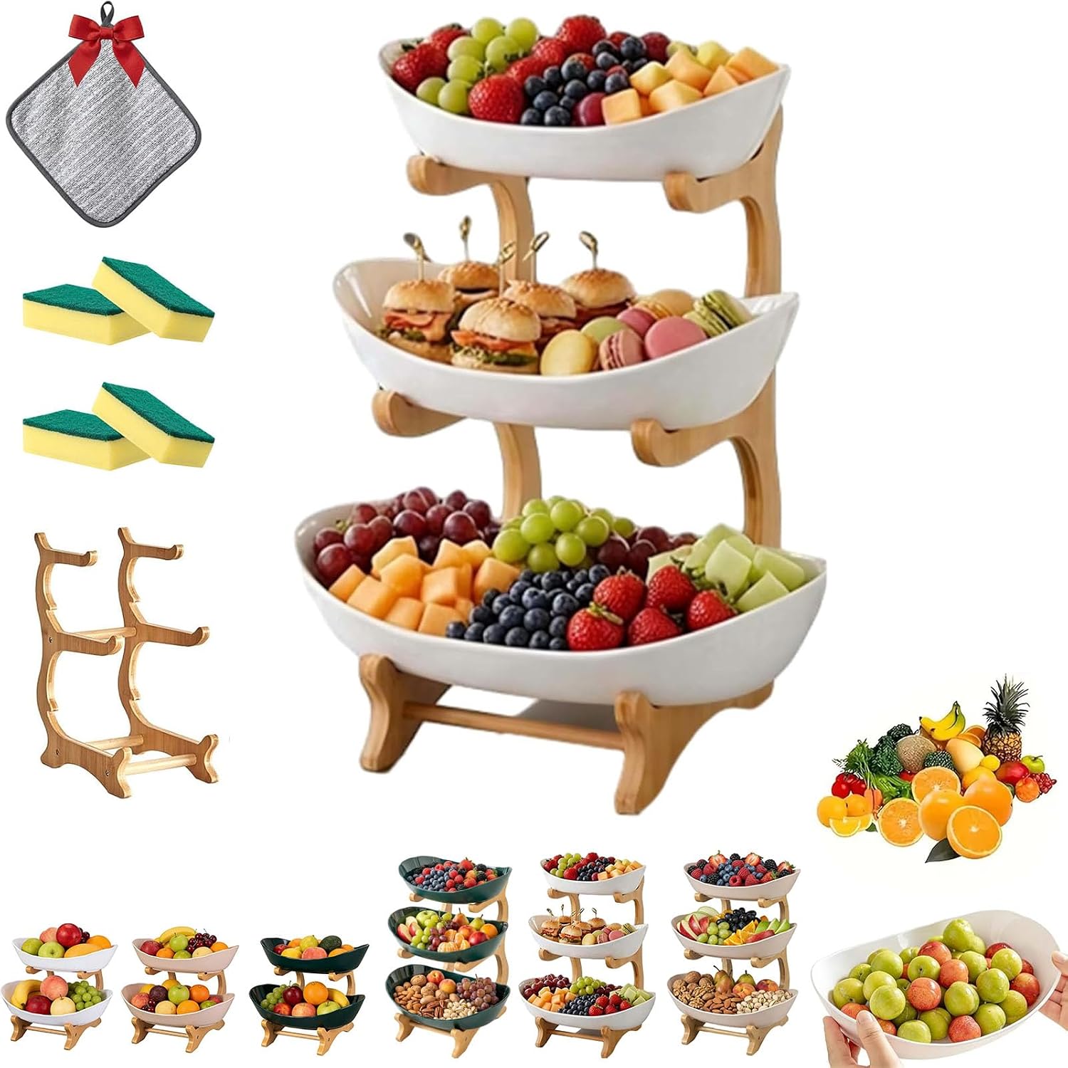 3 Tier Countertop Organizer with Bamboo Stand, 2/3 Tier Kitchen Storage Rack, Detachable, Space-Saving Storage for Vegetable, Snack, Dessert, Cake, Plate Rack for Party, Wedding (3Tier-B)