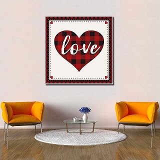 Canvas Prints Wall Art Paintings Artwork Painting Picture on Canvas for Living Rooms,Romantic Heart Shapes Rustic Red Black Buffalo Check Plaids Love Valentine's Day (12''x 12''x 1 Panel)