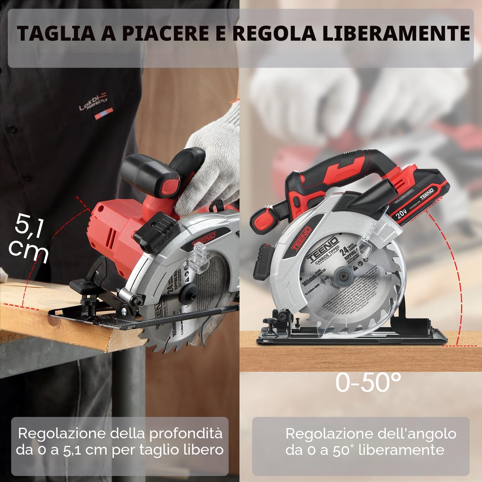Sega circolare laser a batteria TEENO 4000 giri/min. con freno elettrico, batterie 2X2.0 AH, lame 2X165 mm, profondità di taglio e angolo regolabile fino a 38 mm (45°), 54 mm (90°).
