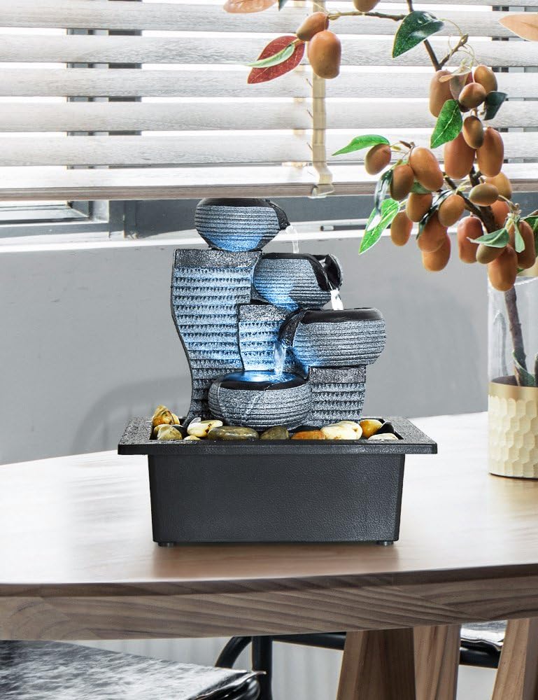SunJet 4-Tier Desktop Water Fountain Submersible Pump Indoor Decoration – Portable Tabletop Decorative Waterfall Kit - Soothing Relaxation, Zen Meditation Ambient Office Home (10" H-Right) : Home & Kitchen