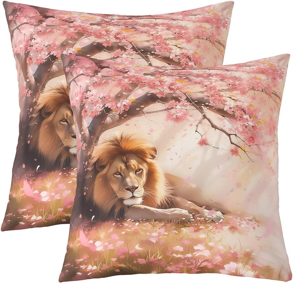 Castle Fairy Afican Lion Pillow Covers for Sofa Couch Chair Cherry Blossom Tree Throw Pillow Covers Tropical Wild Animal Outdoor Pillow Cover 3D Lions Wildlife Cushion Cover 24"x24",Set of 2