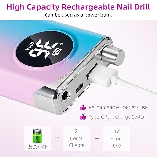 Miniatura 5 de Taladro de uñas eléctrico profesional: máquina de taladro eléctrico de uñas de 40000 RPM, Efile de uñas recargable para uñas de gel acrílico,