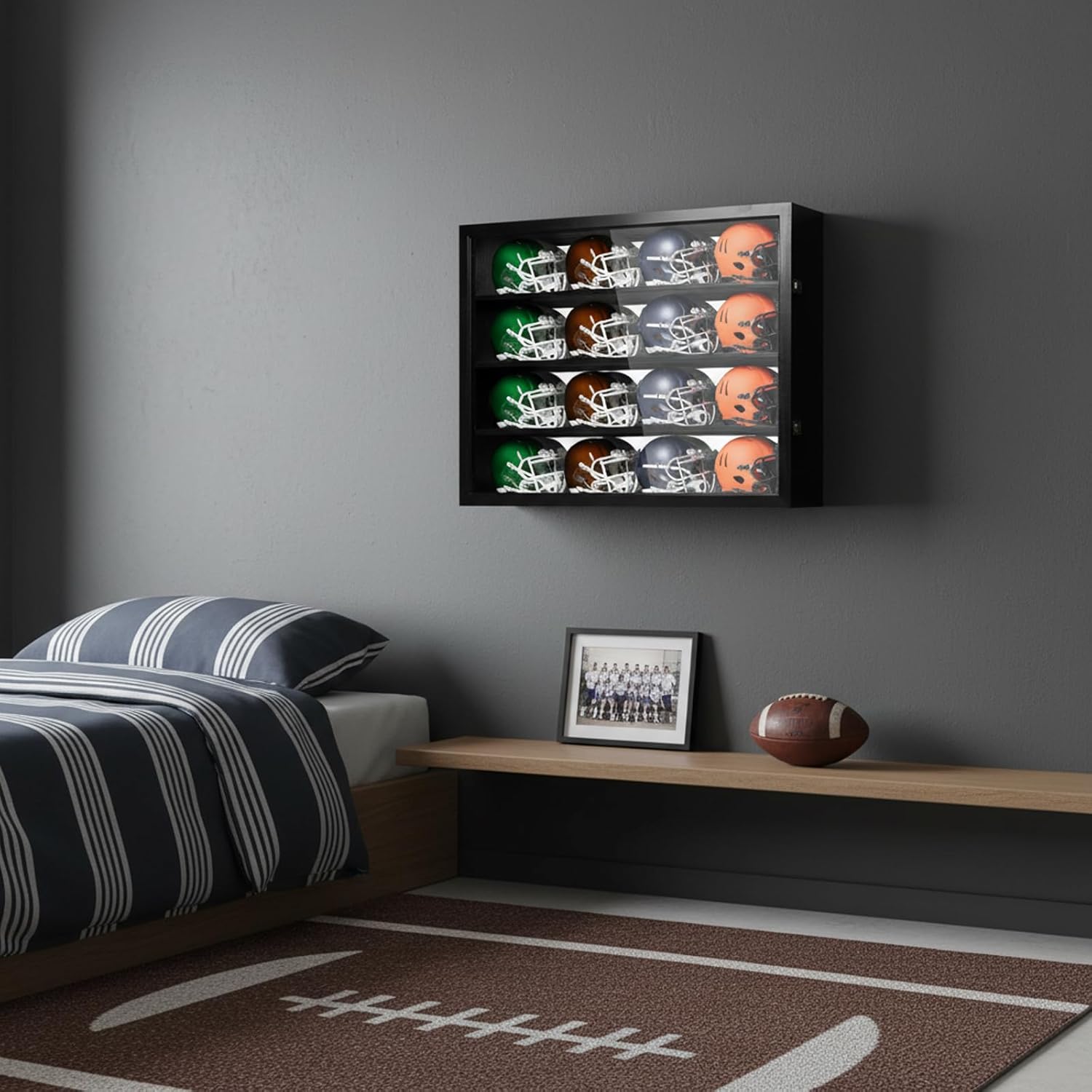 Mini Football Helmet Display Case - Wall Mount Display case w/UV Protection & Mirror Back - Premium Solid Wood Cabinet