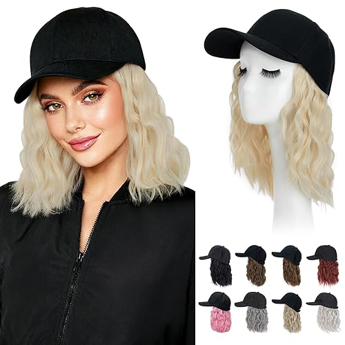 Miniatura 108 de Hairro Cap with Hair Attached For Women Wig Hat with Hair Short Bob style Synthetic Wavy Curly Adjustable Ball Cap Wiggy Hair Extensions 8" 180g #1