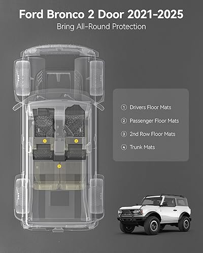 Miniatura 2 de 3W Alfombrillas de piso de 2 puertas para Ford Bronco 2021, 2022, 2022, 2023, 2024, aptas para todo tipo de clima, accesorios de automóvil de