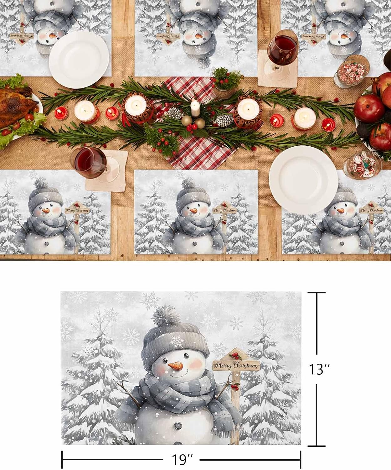 Christmas Placemats Set of 6 Snowman Place Mats Grey Snowflake Placemat Xmas Pine Tree Table Mats for Dining Kitchen Table Winter Holiday Dinner Party Home Christmas Decorations 13x19 Inch