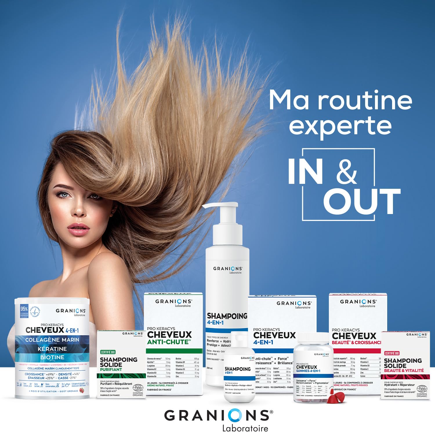 Granions Pro Keracys Cheveux 4en1 300 g | Complement Alimentaire Cheveux - Collagene Marin, Biotine, Selenium, Keratine, Zinc, Vitamine B6 - Grenade - 300g