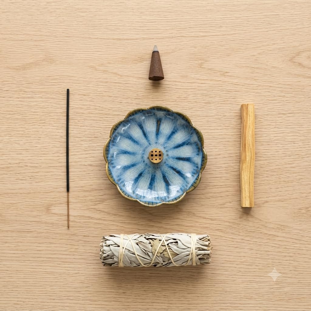 Pinehaven Ceramic Lotus Incense Holder – 5.5 Inch Hand-Sculpted Ash Catcher Tray Bowl with Brass 9-Hole Insert for Incense Sticks – Blue Japanese Zen Home Décor, Meditation Altar Gift