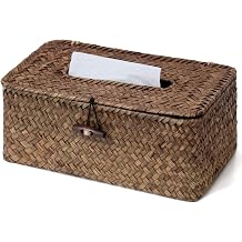 Rectangle Wicker Tissue Box Cover, Natural Seagrass Tissue Box Holder with Lid, Woven Tissue Box Decorative Facial Tissue Holder for Bathroom Office Table, Brown
