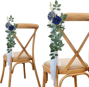 Wedding Chair Decorations Set of 6, Dusty Blue Flowers Wedding Aisle Decor Pew Flowers with Chiffon Ribbons for Wedding Ceremony Party Church Chair Decor