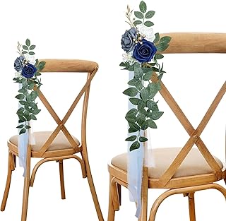 Wedding Chair Decorations Set of 6, Dusty Blue Flowers Wedding Aisle Decor Pew Flowers with Chiffon Ribbons for Wedding Ceremony Party Church Chair Decor