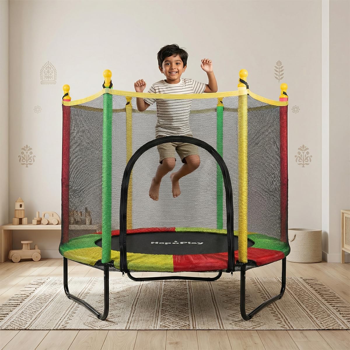 Hop N Play 55-Inch Trampoline for Kids & Adults with Safety Net | Indoor Mini Trampoline with U-Shaped Legs | Foldable & Safe Jumping for Home Use | for Kids | 120 Kgs Capacity