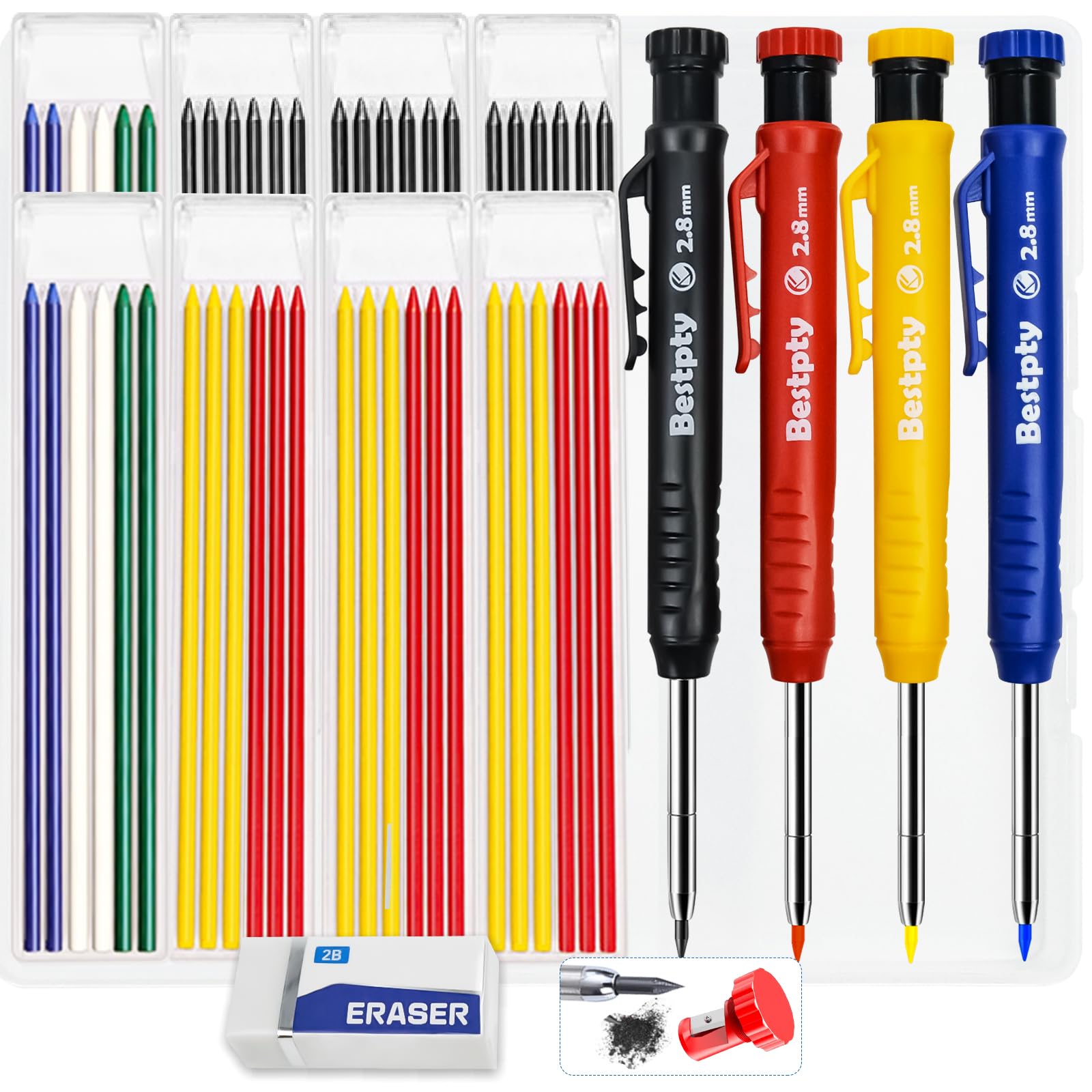 Juego de 4 lápices de carpintero con sacapuntas, lápices mecánicos con 52 recambios y borrador, lápices de carpintería resistentes para arquitecto, marcador de agujeros profundos para construcción con
