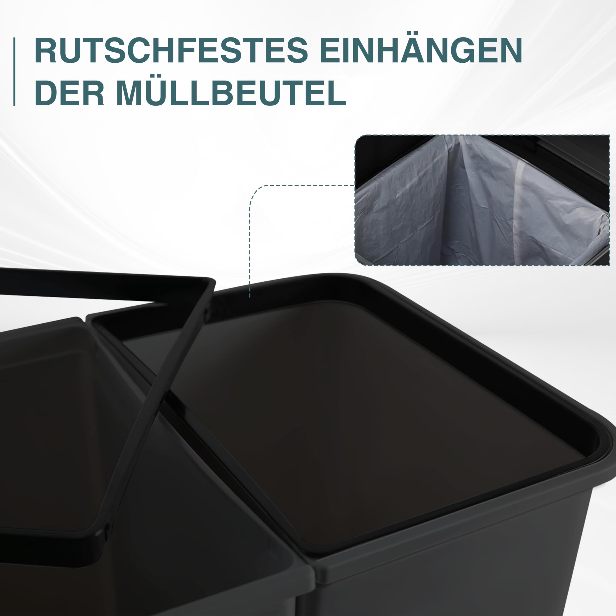 Ribelli Zweimer Duo Müllbehälter mit Deckel 2 x ca. 25 Liter, Kunststoff Mülleimer für die Küche geruchsdichter Abfalleimer Mülltrennsystem, ca. 45 x 32 x 51 cm, Schwarz, 502000