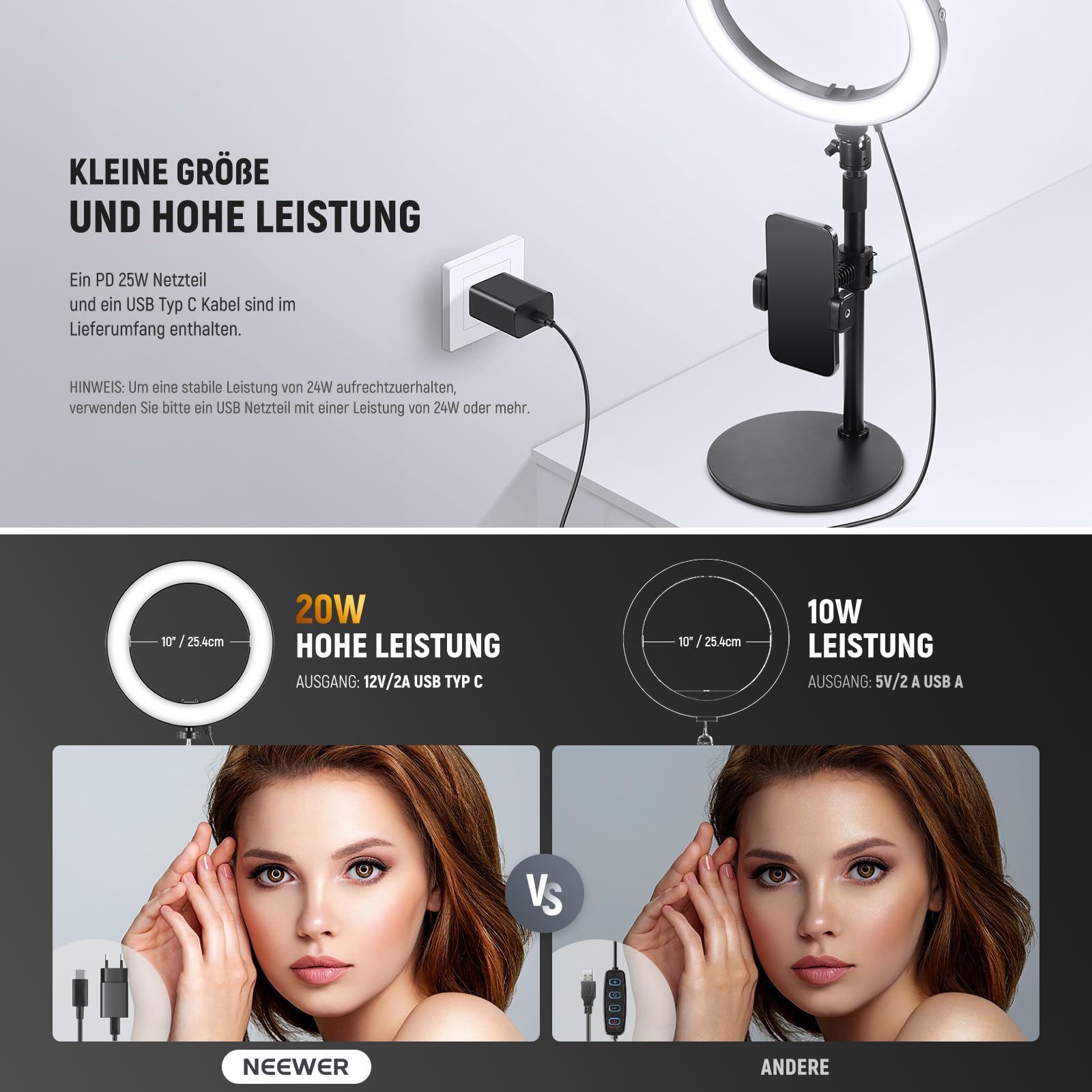 NEEWER 10" 20W LED Ringlicht mit Schreibtischständer Telefonhalterung kompatibel mit iPhone Laptop zweifarbig 2900K – 7000K USB C PD Eingang CRI97+ 1660LX/0,5m Selfie Make up TikTok Videolicht RH10B