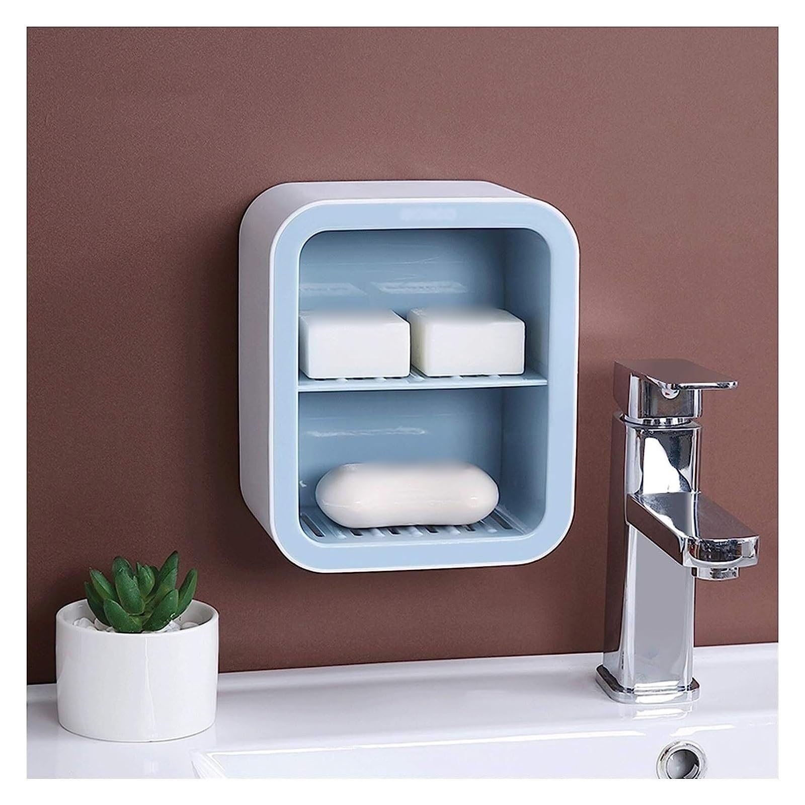 Jabonera La jabonera de drenaje de plástico montada en la pared puede ahorrar espacio y el recipiente de jabón de múltiples capas en el baño se puede utilizar en familias, hoteles,(Blu,Double layer)