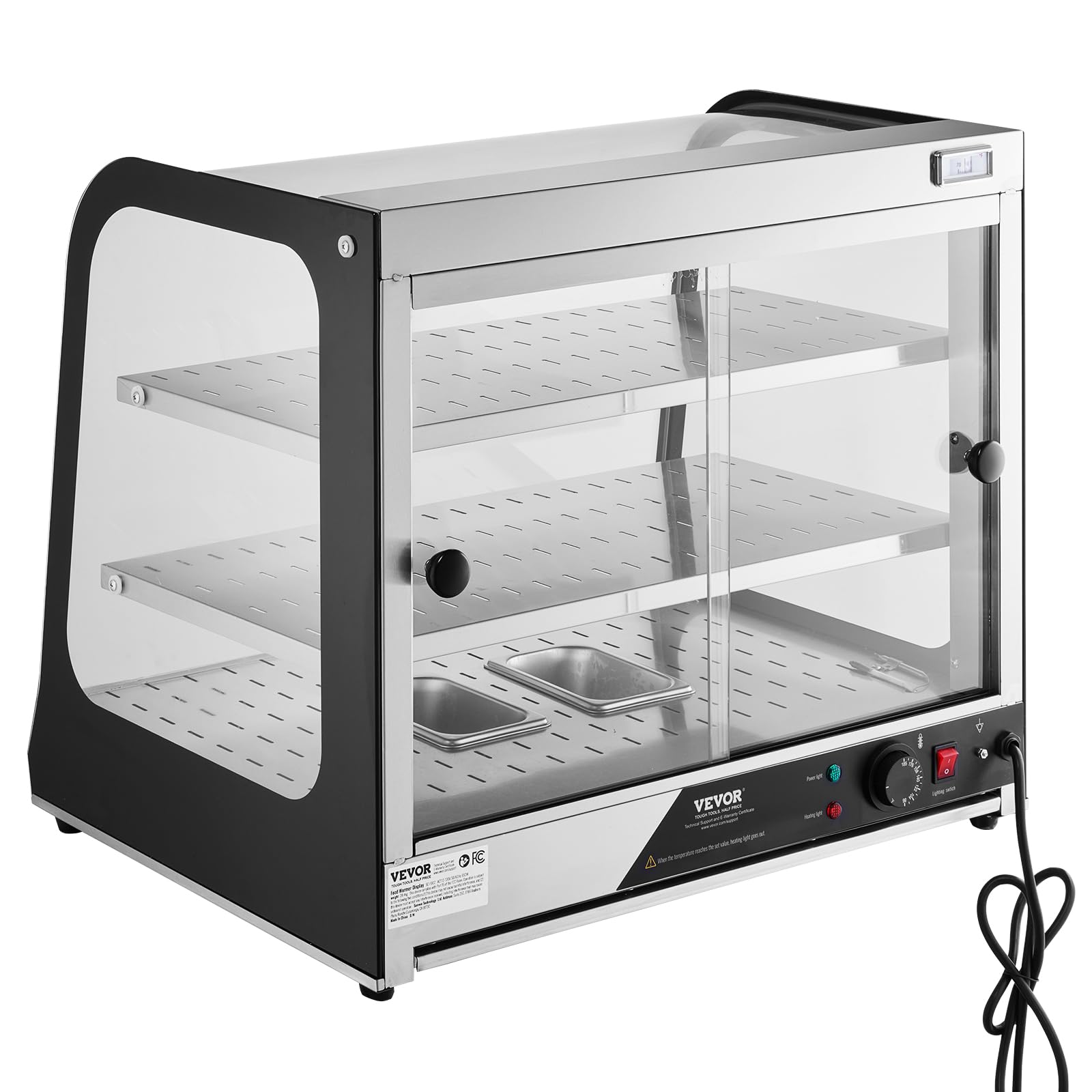 VEVOR Vitrine Chauffante Commerciale à 2 Niveaux, Présentoir à Chaud 850 W, avec Verre Trempé et Chauffage à la Vapeur, Contrôle de Température 30-85 ℃, Grande Capacité 111 L, pour Hamburger, Pizza