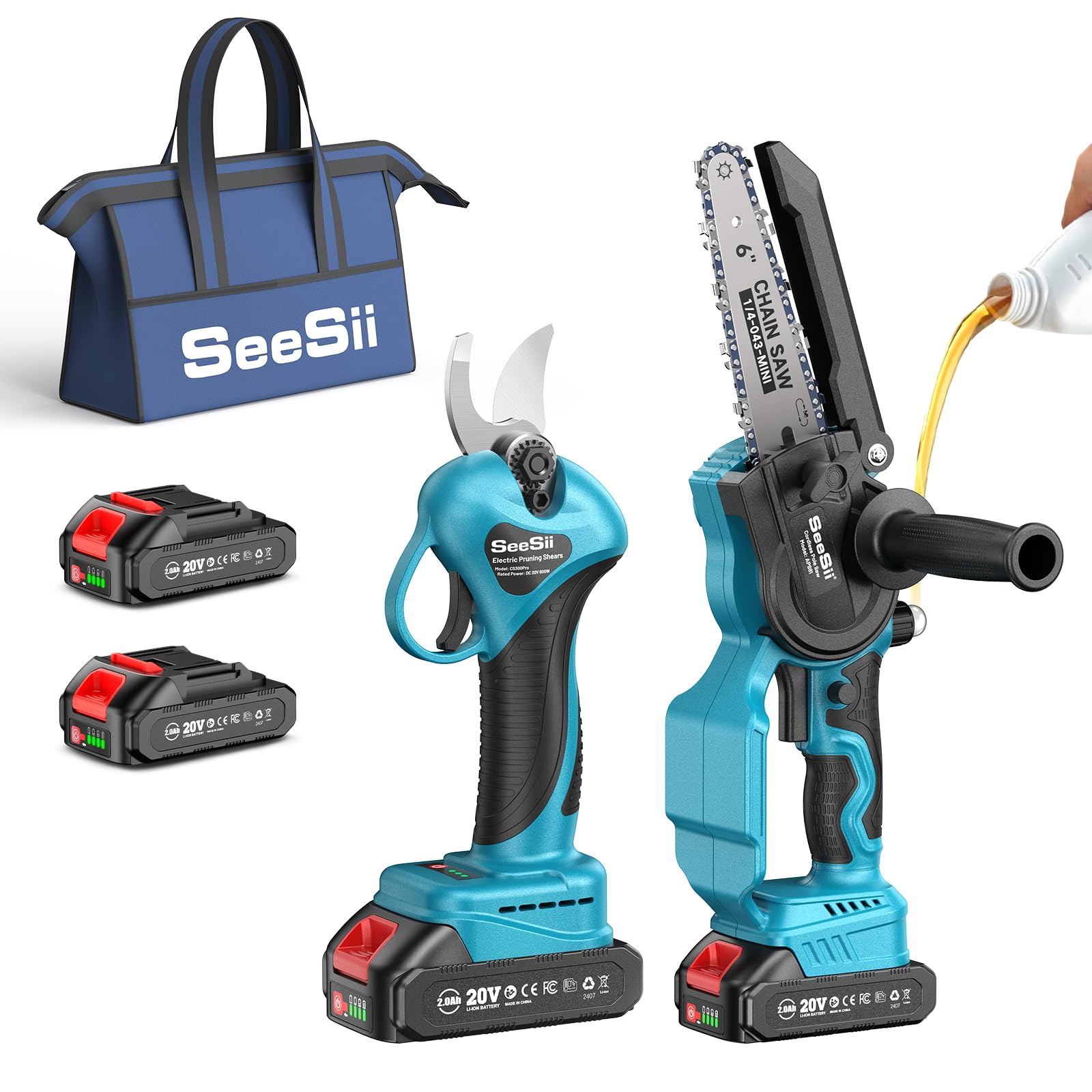 SEESII Mini Chainsaw &amp; Pruning Shears: 6" Electric Saw Brushless &amp; 1.3" Pruner with 2×2.0Ah Batteries, Cordless Combo for Wood Cutting/Branch Trimming, Gardening Tools for Dad Men Husband