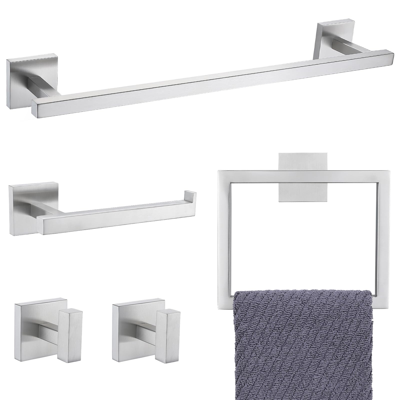 YACVCL Towel Bar Set, 5 Pieces Bathroom Hardware Set Brushed Nickel Bathroom Accessories, SUS304 Stainless Steel Towel Racks Holder Set Wall Mounted 23.6 Inch