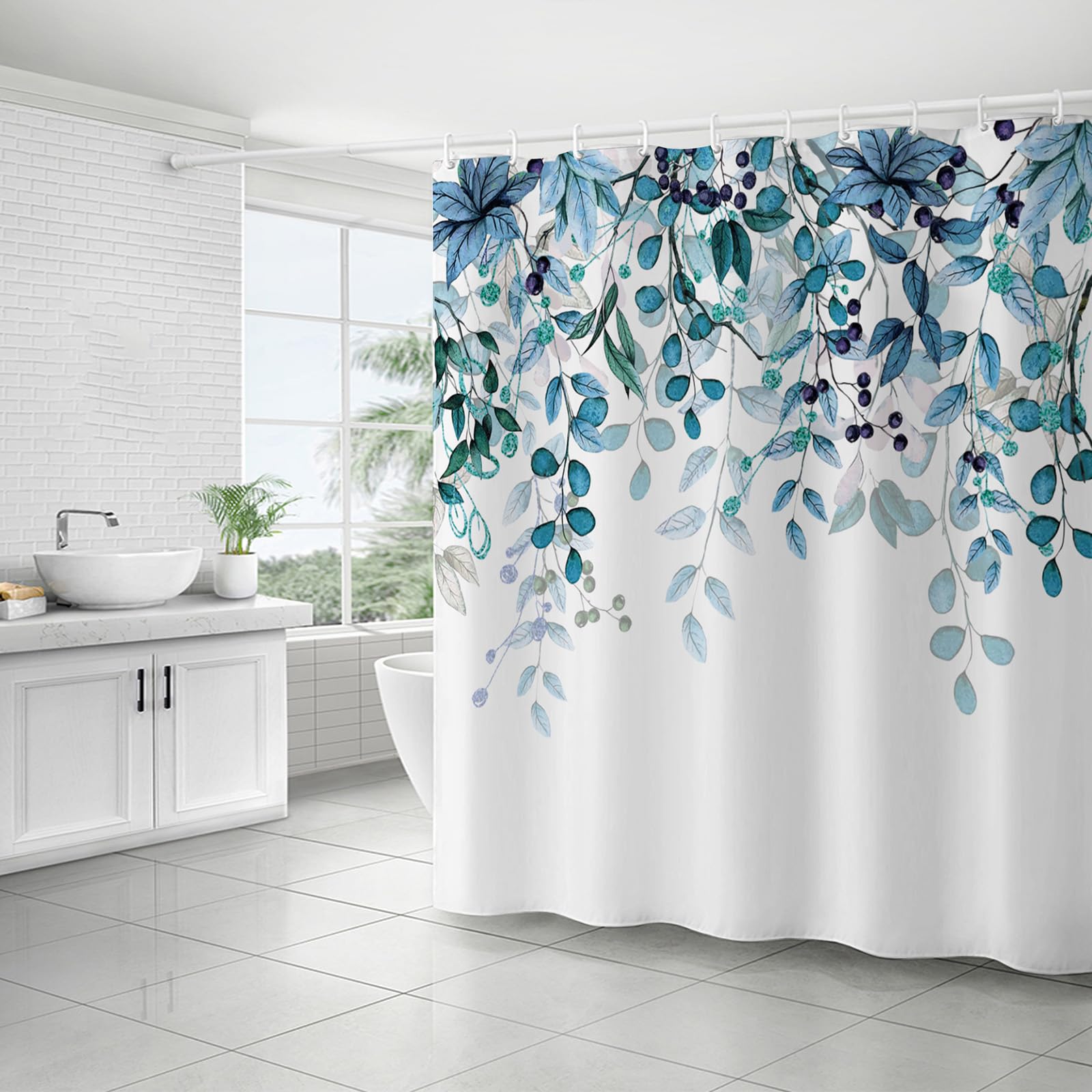 FAIRYGATE Extra Wide Shower Curtain Eucalyptus Sage Leaf Cute Plant Bathroom Curtain with Hook Watercolor Green Botanical Leaves Shower Curtains Washable Bathtub Curtain for Bathroom Decor B9412