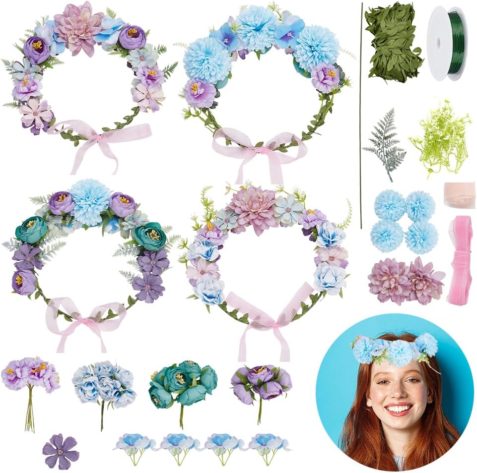 INFUNLY 113pcs/Set Blue Purple DIY Flower Crowns Kit Women Girls DIY Headband Flower Wreath Handmade Floral Bridal Headpiece Hair Accessories for Wedding Birthday Party Prop