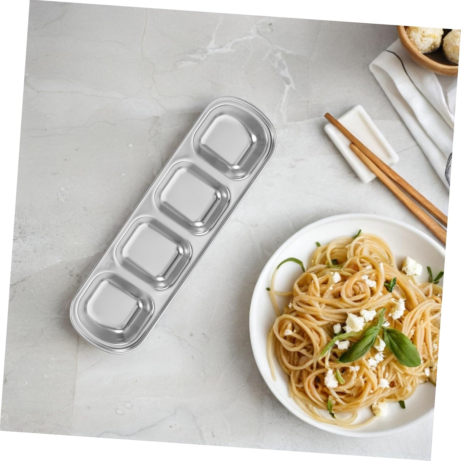 Divided Stainless Steel Soy Sauce Dish, Four Grid Dipping Plate