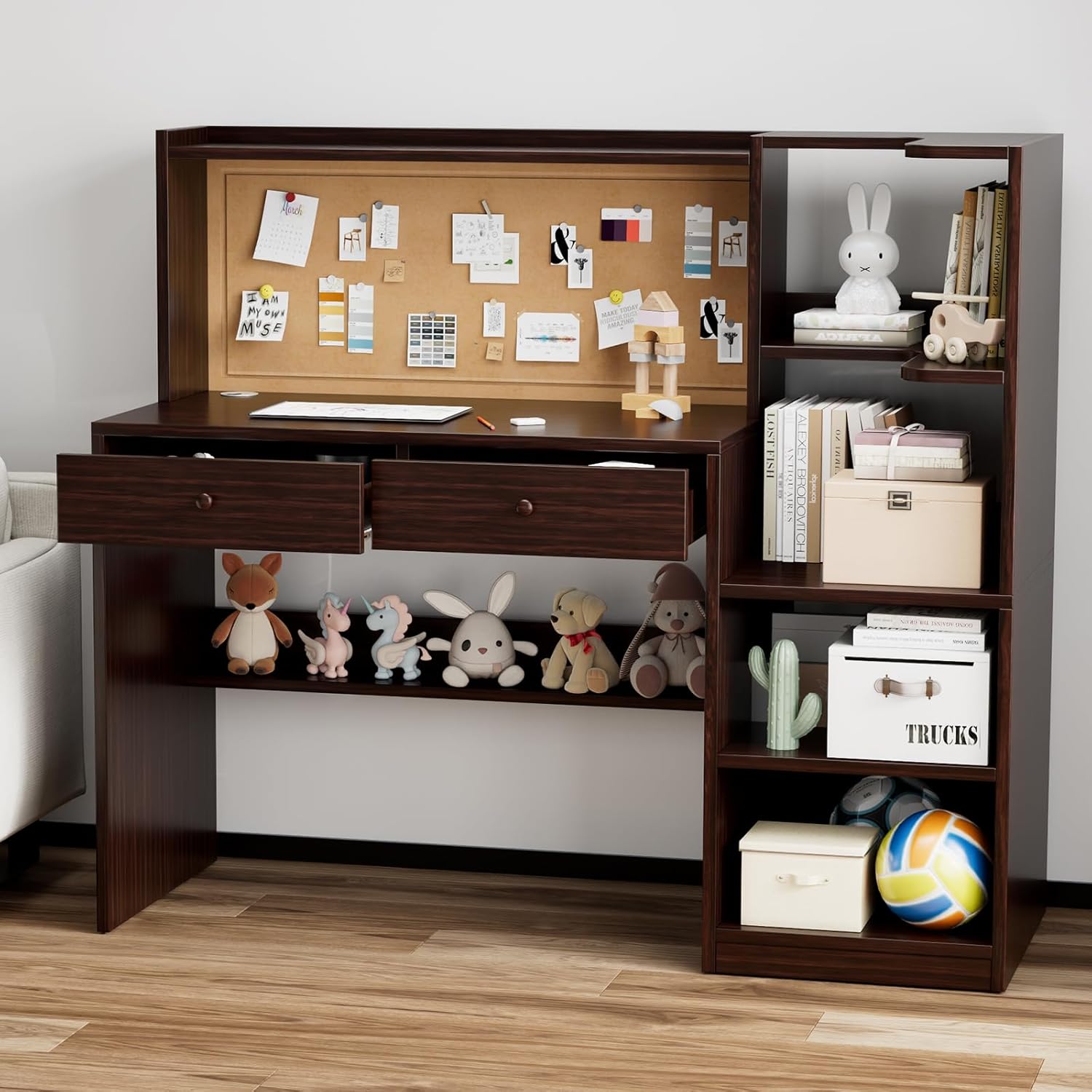 Wooden Espresso Kids Study Desk and Chair Set, 2 Drawers and 2 Storage Cabinets, Children Desk with Hutch and Bookshelf, Girls Study Desk for Kids Bedroom