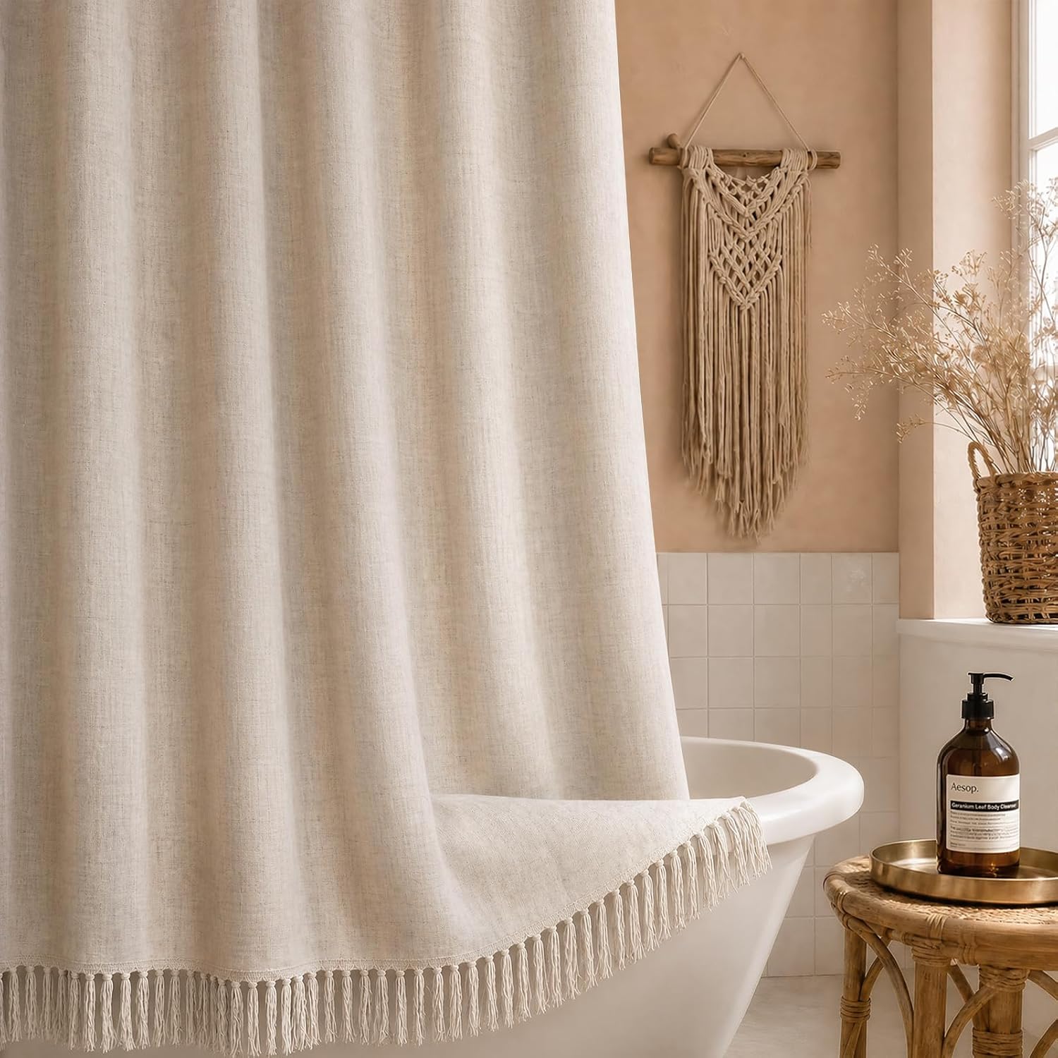 Long 78 Inch Boho Shower Curtain Linen Beige with Tassel 72"W x 78"L