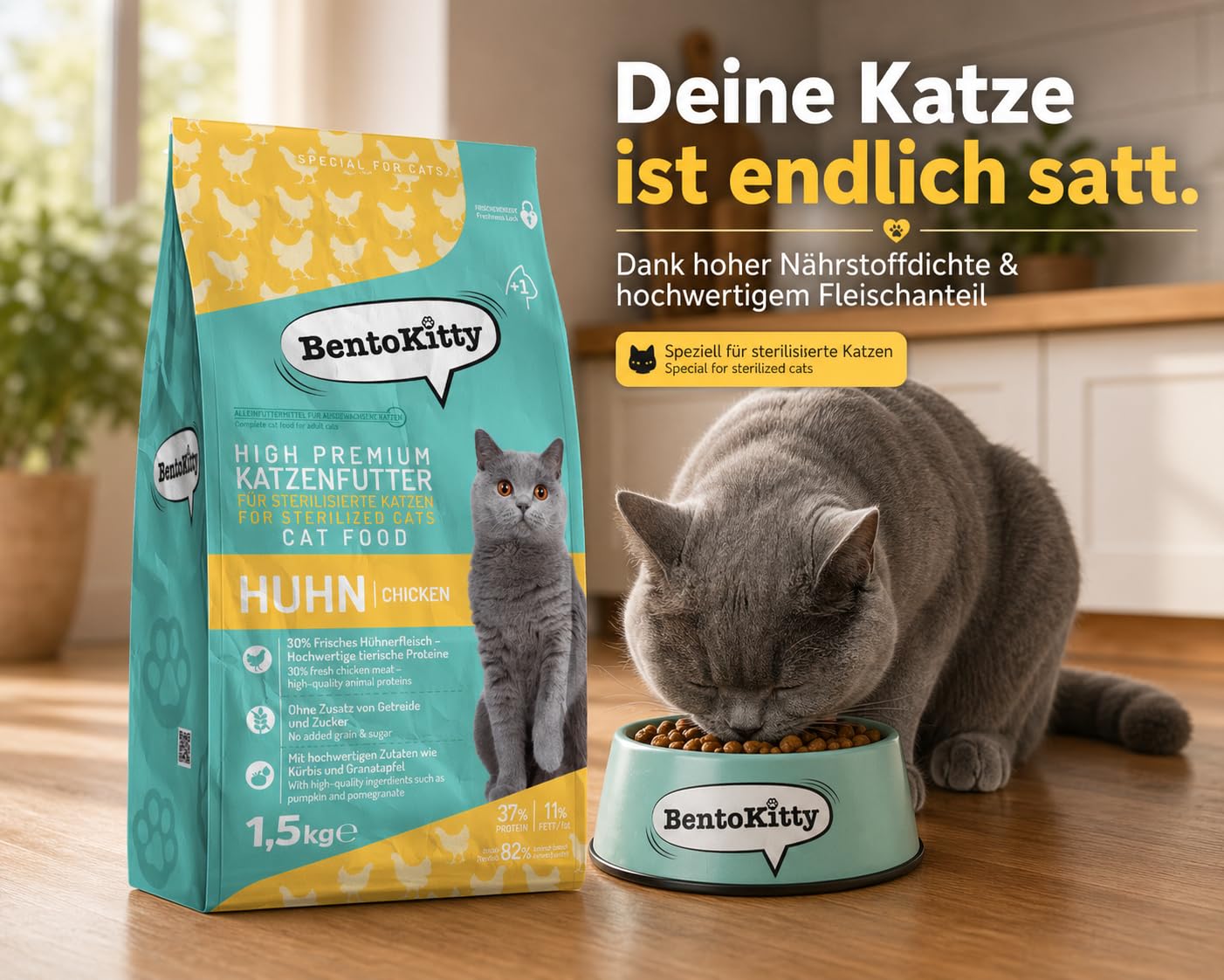 High Premium Katzenfutter Trockenfutter Huhn Sterilised – 7,5 kg Vorteilspack (5×1,5 kg) | Getreidefrei, 71% tierische Zutaten, 30% frisches Huhn | Zuckerfrei Alleinfuttermittel