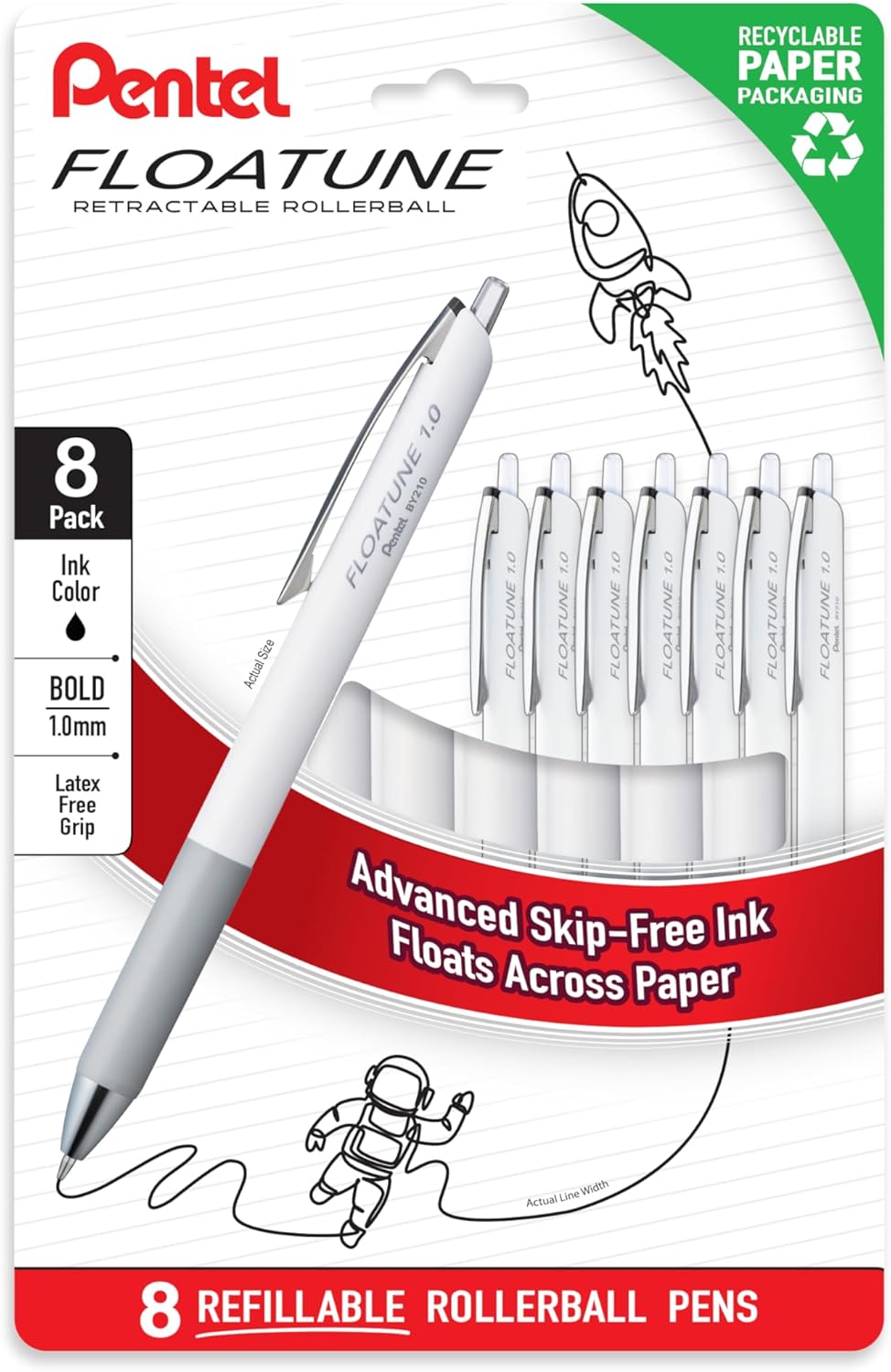 Pentel Floatune Retractable Rollerball, 1.0mm Bold Point, Black Ink, 8-pk (BY210PF8A)