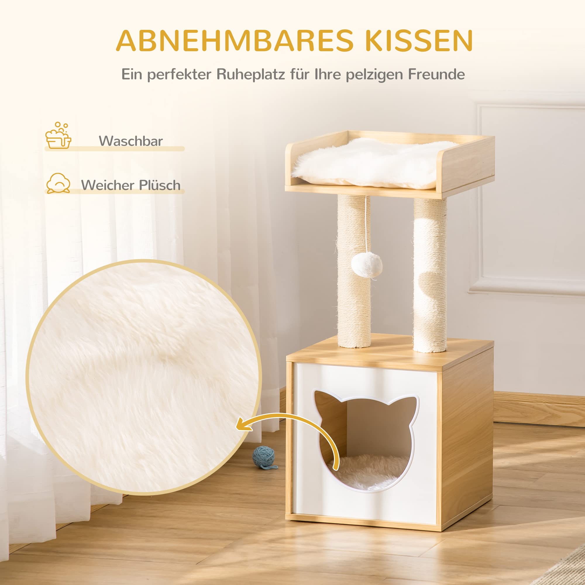 Domek dla kota Pawhut jaskinia dla kota legowisko dla kota domek dla zwierząt z motywem kota zabawka piłeczka zdejmowana płyta wiórowa aksamitny poliester sizal dąb 35 x 35 x 81 cm