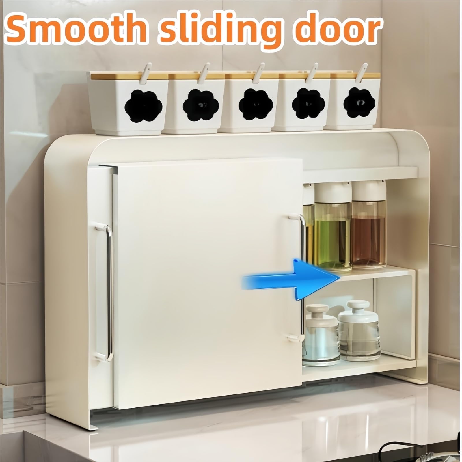 Küchenregal mit ausziehbarem Gewürznizer, Metall, Gewürzregal und Schranktür, platzsparende Aufbewahrung für Tassen, Schreibtisch, Sideboard