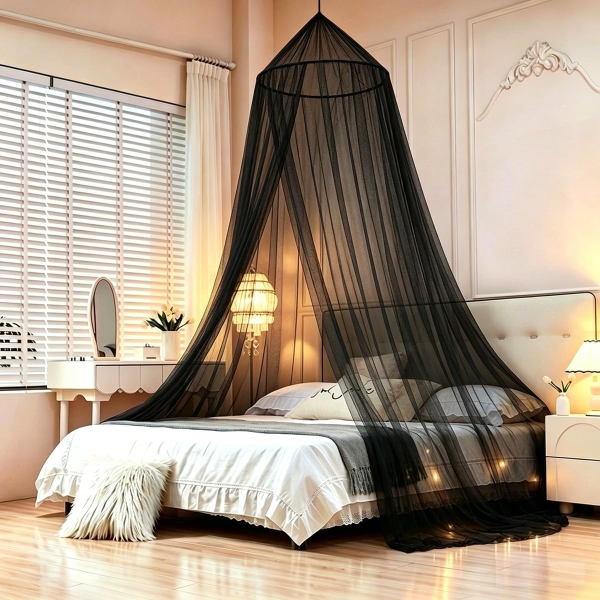 Akiky Black Bed Canopy for Girls Princess Mosquito Netting King Canopy Bed Curtains Full Queen Size from Ceiling with Leaves Lights Decoration Bedroom Accessories